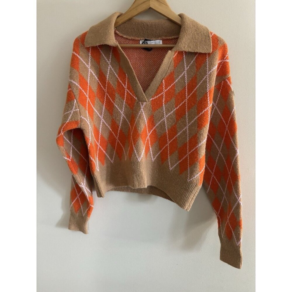 Zara Orange and Tan Argyle Sweater